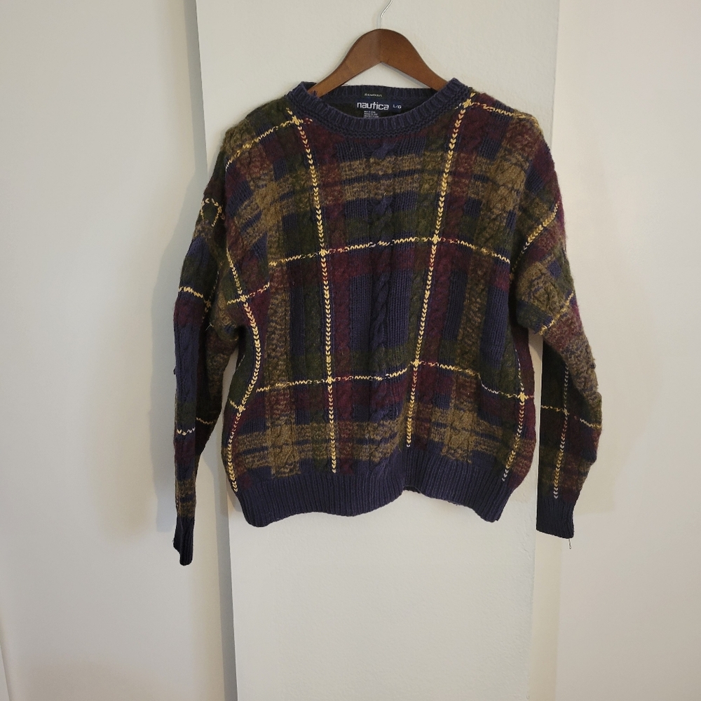 Vintage Nautica Handknit Men Plaid Multicolor Sweater .